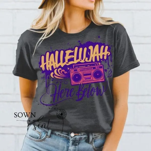 Trendy Christian Worship T-Shirt - Hallelujah Here Below Graffiti Style